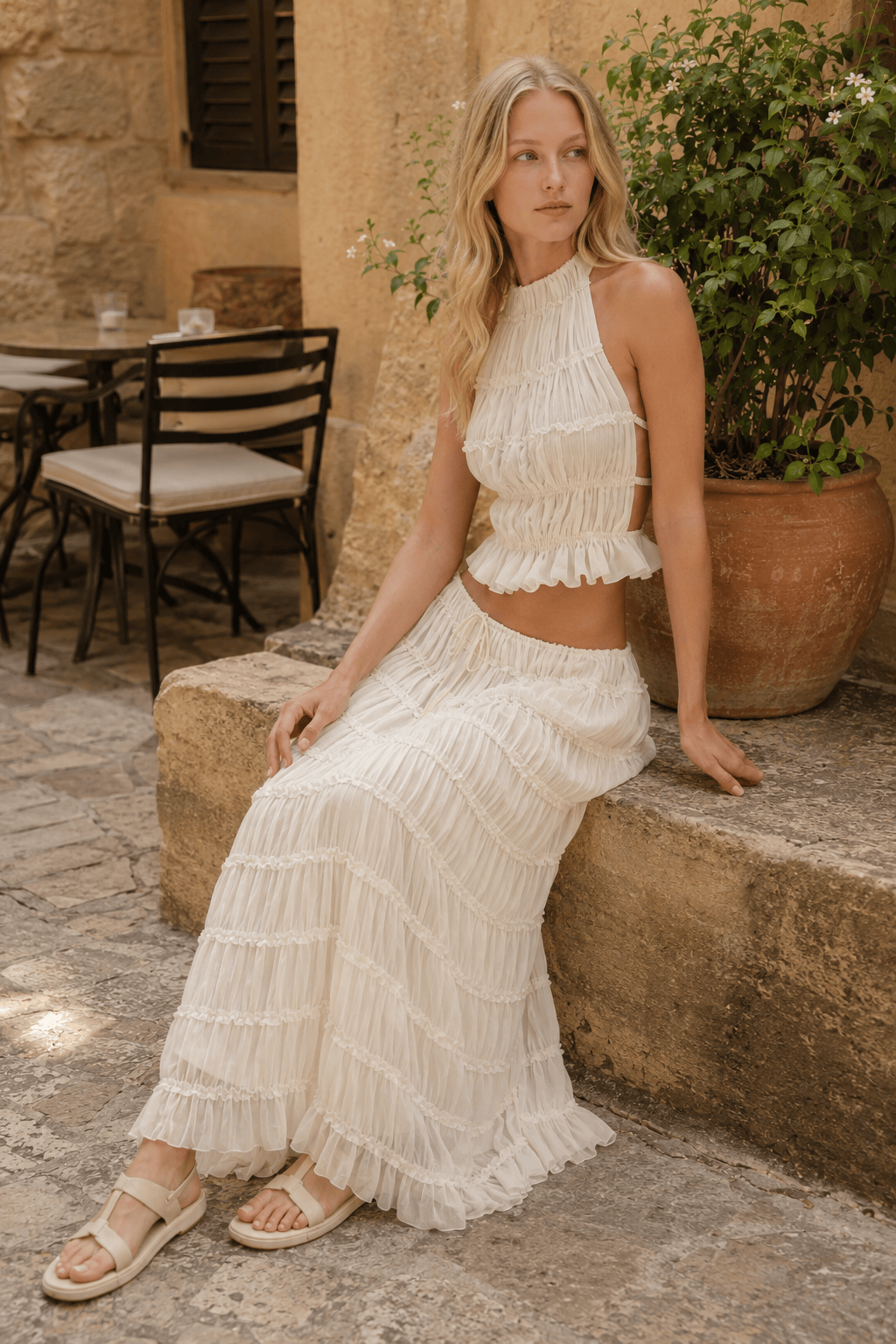 2Piece Skirt Set for Women Lace Up Back Tank Tops Tie Up High Waist Long Skirts Outfits Fairy Vacation Cottagecore Lace Dress Secondary image