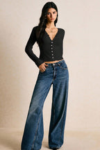 Lace V Neck Ribbed Button Long Sleeved T-shirts
