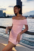 Shimmer Off Shoulder Ruched Bodycon Mini Dress