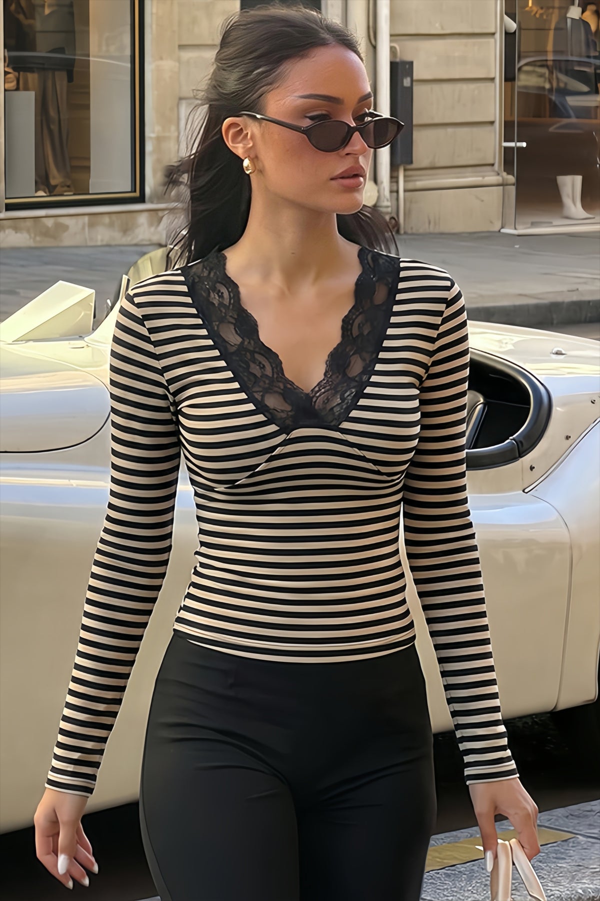 Striped Lace Trim V Neck Long Sleeve T-shirts