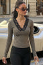 Striped Lace Trim V Neck Long Sleeve T-shirts