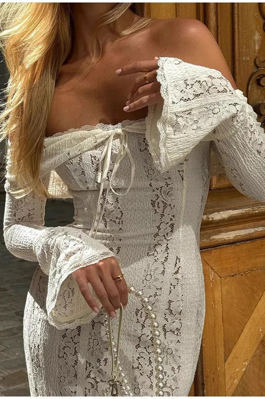 Off Shoulder Ruched Lace Flare Sleeve Bodycon Dress Main image