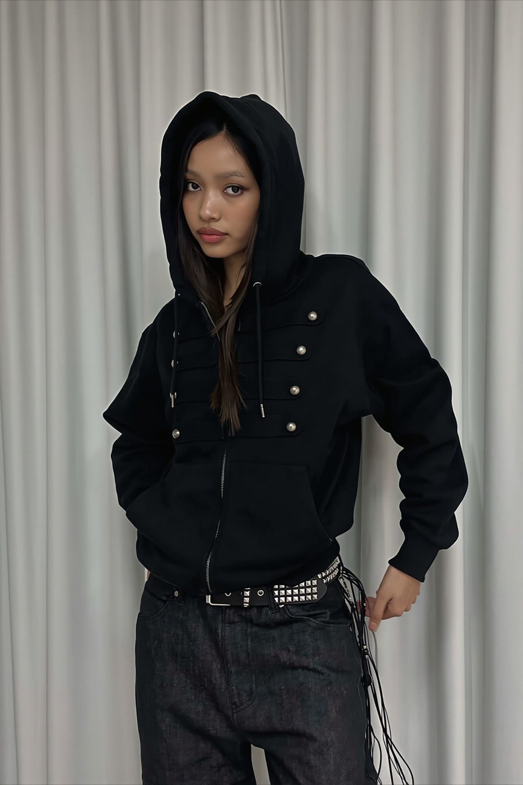 Military Button Fitted Zip Up Hoodie