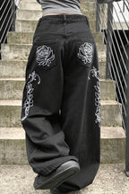 Rose Embroidered Gothic Wide Leg Jeans