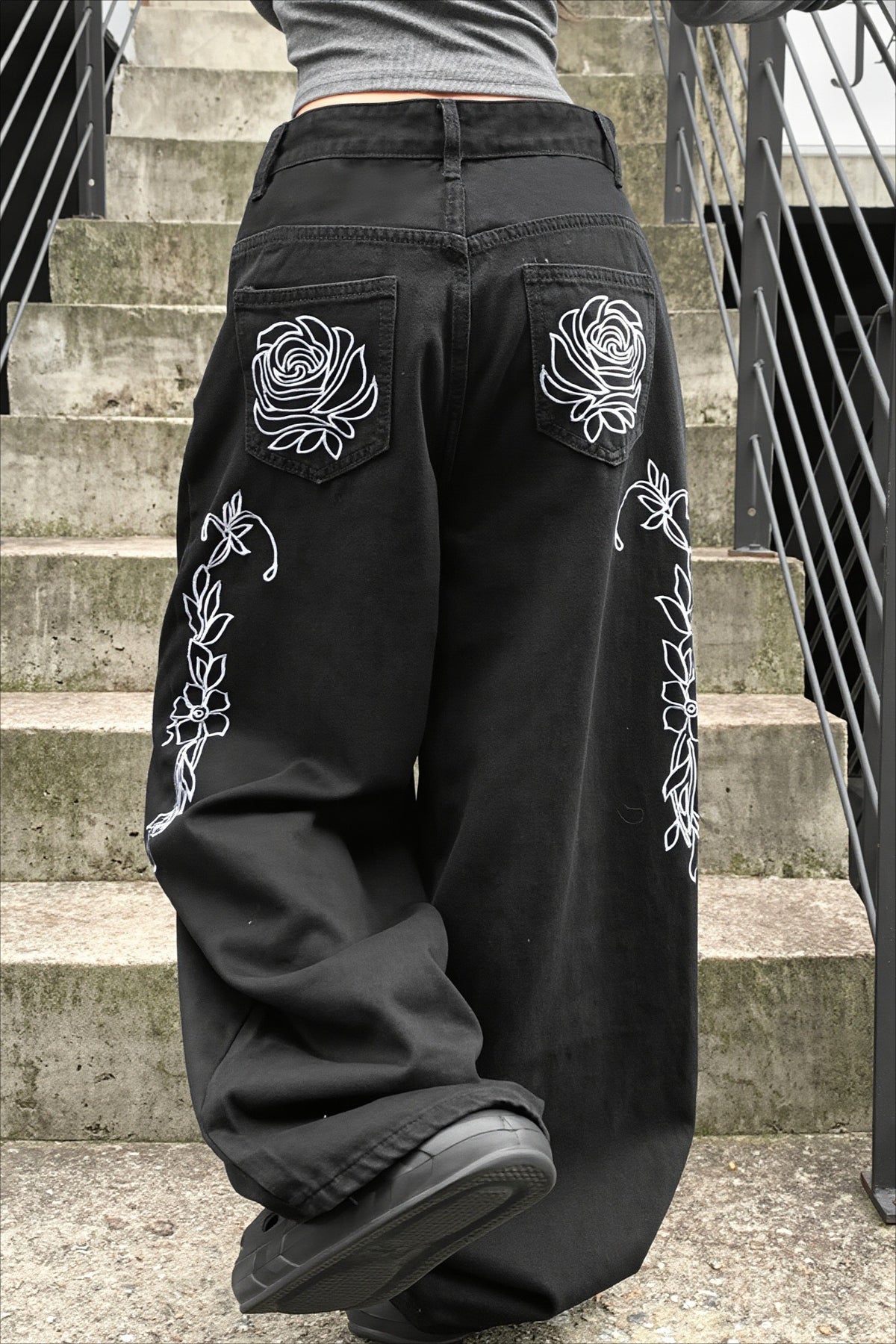 Rose Embroidered Gothic Wide Leg Jeans