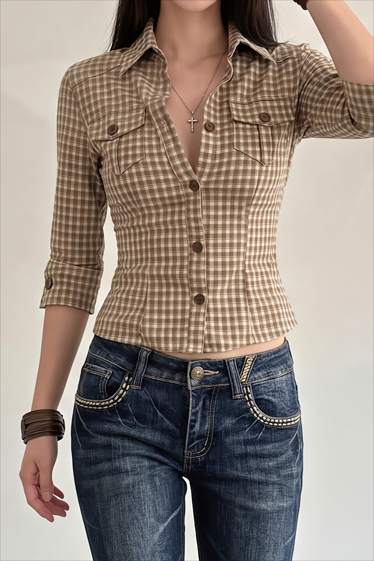 Plaid Three Quarter Sleeve Fitted Button Blouse