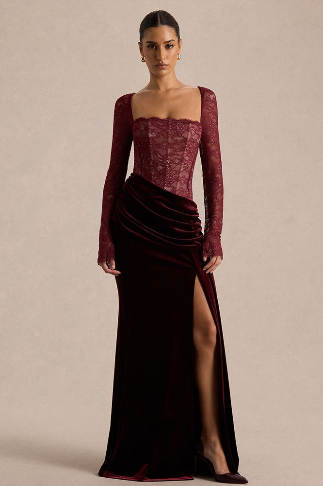 Lace Panel High Slit Long Sleeve Maxi Lace Dress Main image