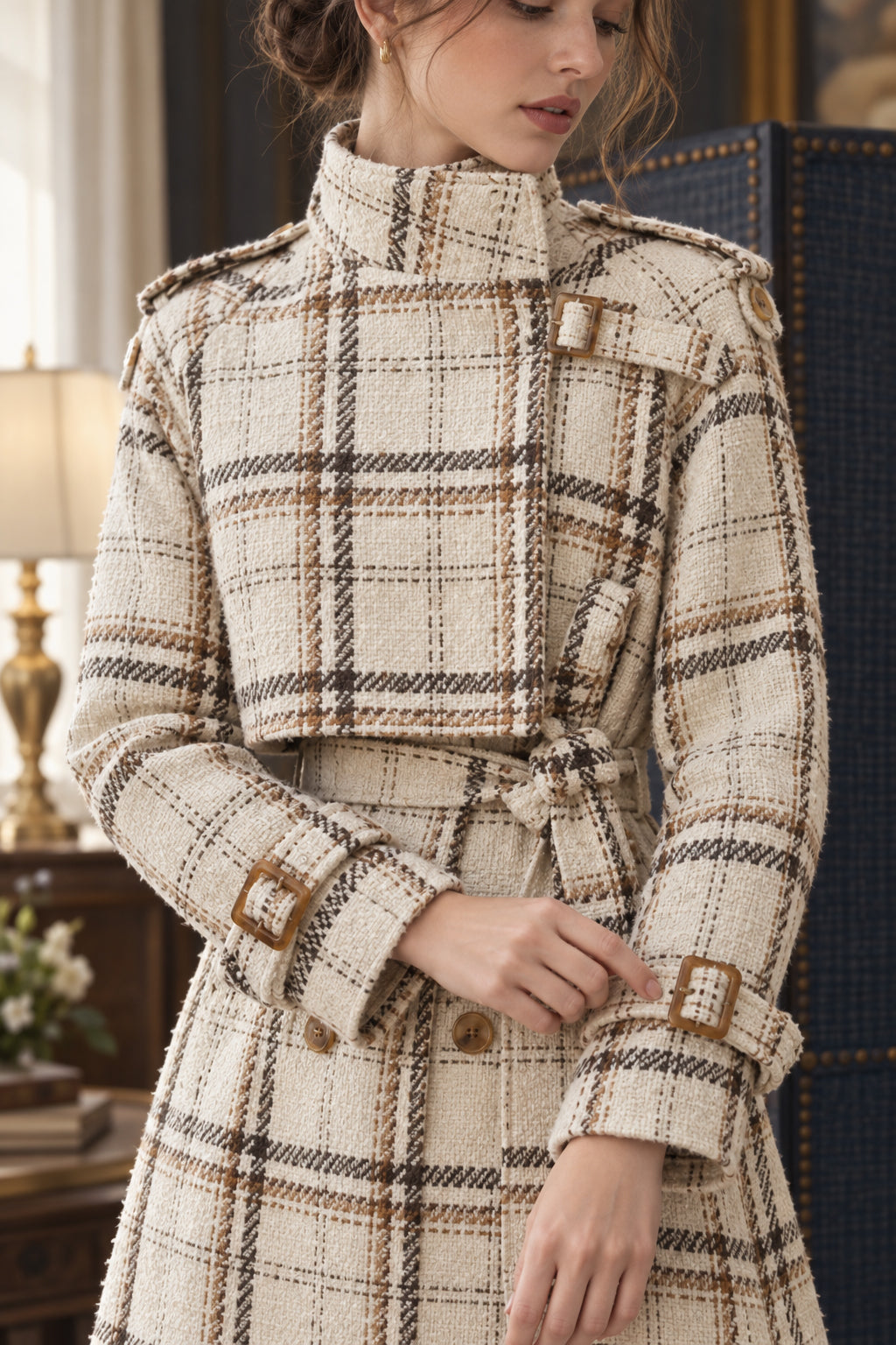 Autumn Winter Long Loose Warm Plaid Wool Blends Sleeve Belt Double Breasted Woolen Stylish Coat