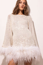 Sequin Feather Trim Open Back Mini Party Dress