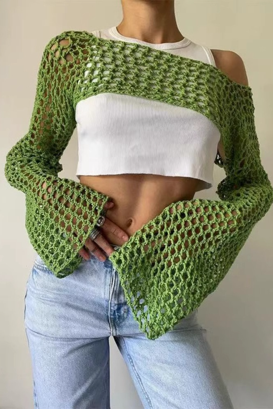 Solid Cutout Sheer Cropped Long Sleeve Crop Top Main image