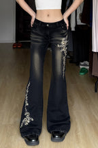 Floral Embroidered Low Rise Flare Leg Jeans
