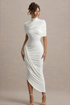 Shawl Drape Ruched Bodycon Midi Party Dress