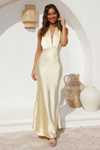 Solid Halter Backless Waist Cinched Dress