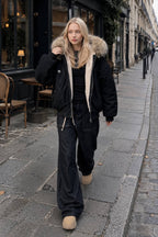 Black Short Puffer Fur Collar Jacket