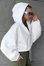 Cropped Waist Cinched Long Sleeve Zip-Up Hoodie