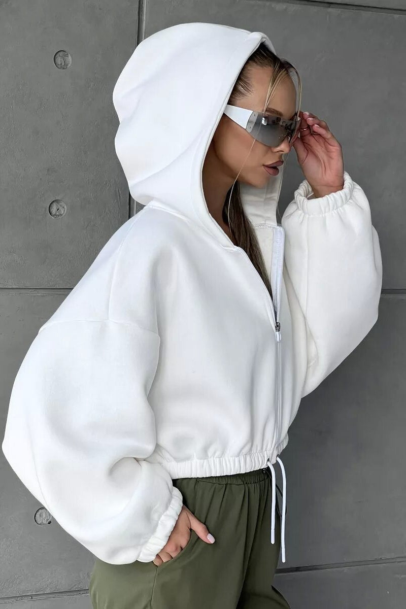 Cropped Waist Cinched Long Sleeve Zip-Up Hoodie