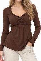 V-neck Ruched Solid Color Vintage Ruched Buttons T-Shirts