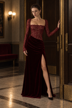 Lace Panel High Slit Long Sleeve Maxi Lace Dress