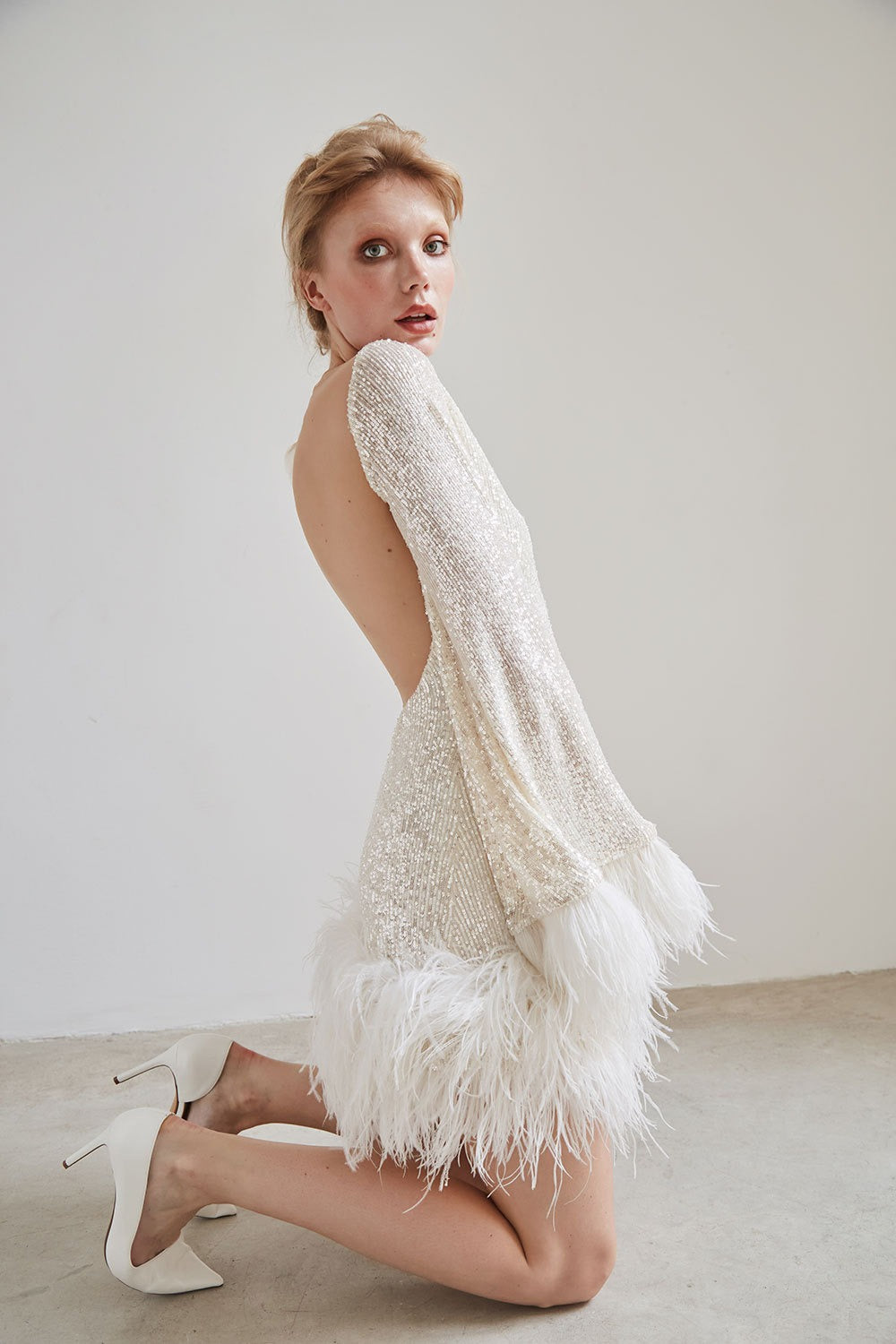 Sequin Feather Trim Open Back Mini Party Dress