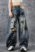 Distressed Letter Print Barrel Leg Jeans