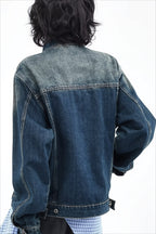 Deconstructed Washed High Collar Denim Jacket