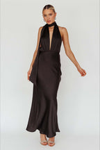 Solid Deep V Halter Backless Fitted Dress