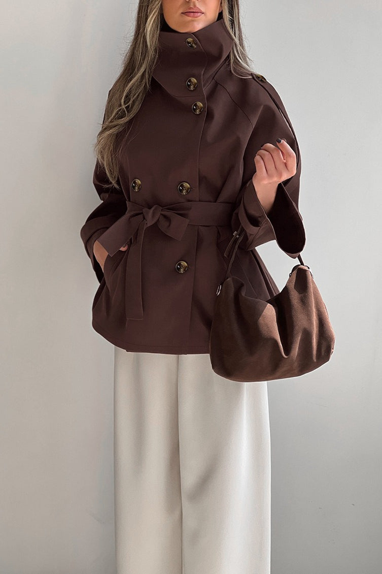 Brown High Collar Double Breasted Belted Coat