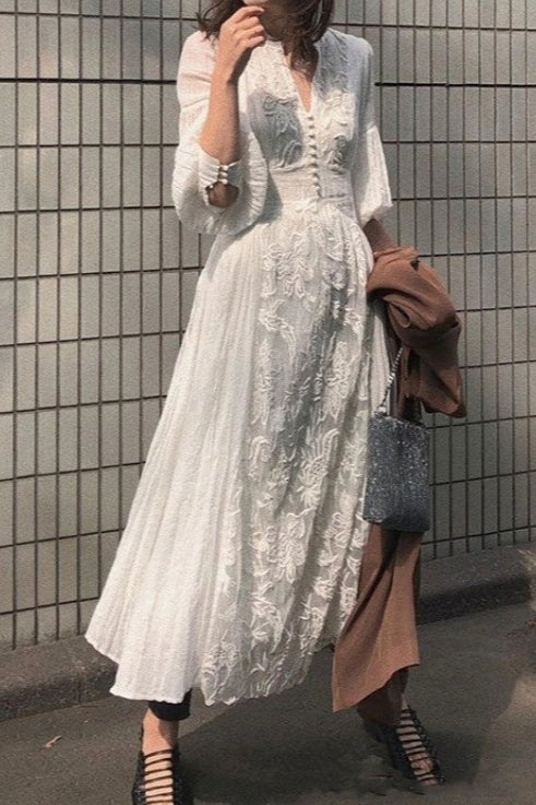 Vintage Lace Panel V-Neck Embroidered Boho Dress Secondary image