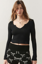 V Neck Ribbed Knit Slim Cropped  Crop Top
