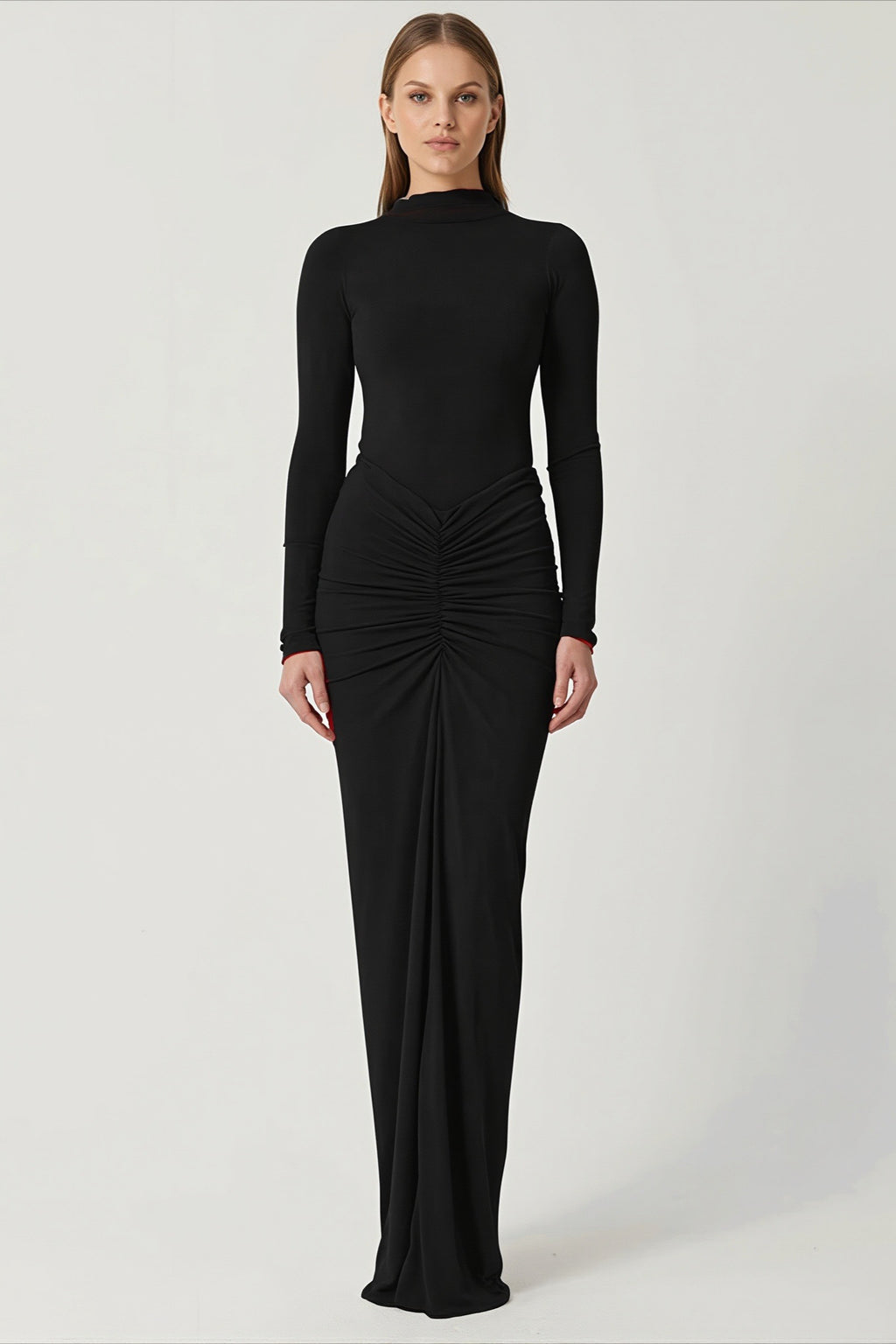 Mock Neck Ruched Hip Column Maxi Dress