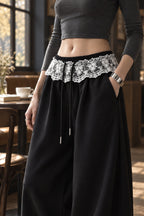 Lace Waist Wide Leg Sweat Pants