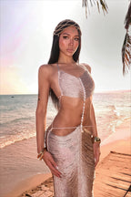 Pearl Chain Cutout Ruched Maxi Dress