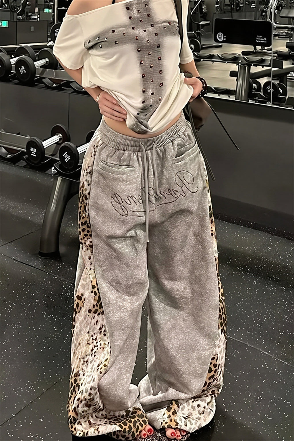 Leopard Panel Drawstring Wide Leg Pants