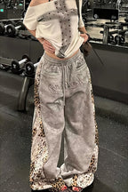 Leopard Panel Drawstring Wide Leg Pants