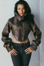 Corset Seamed High Collar Faux Leather Coat