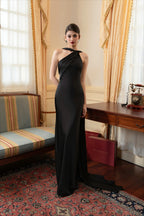 One Shoulder Cape Satin Split Maxi Dress