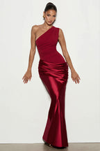 One Shoulder Satin Ruched Maxi Party Dress