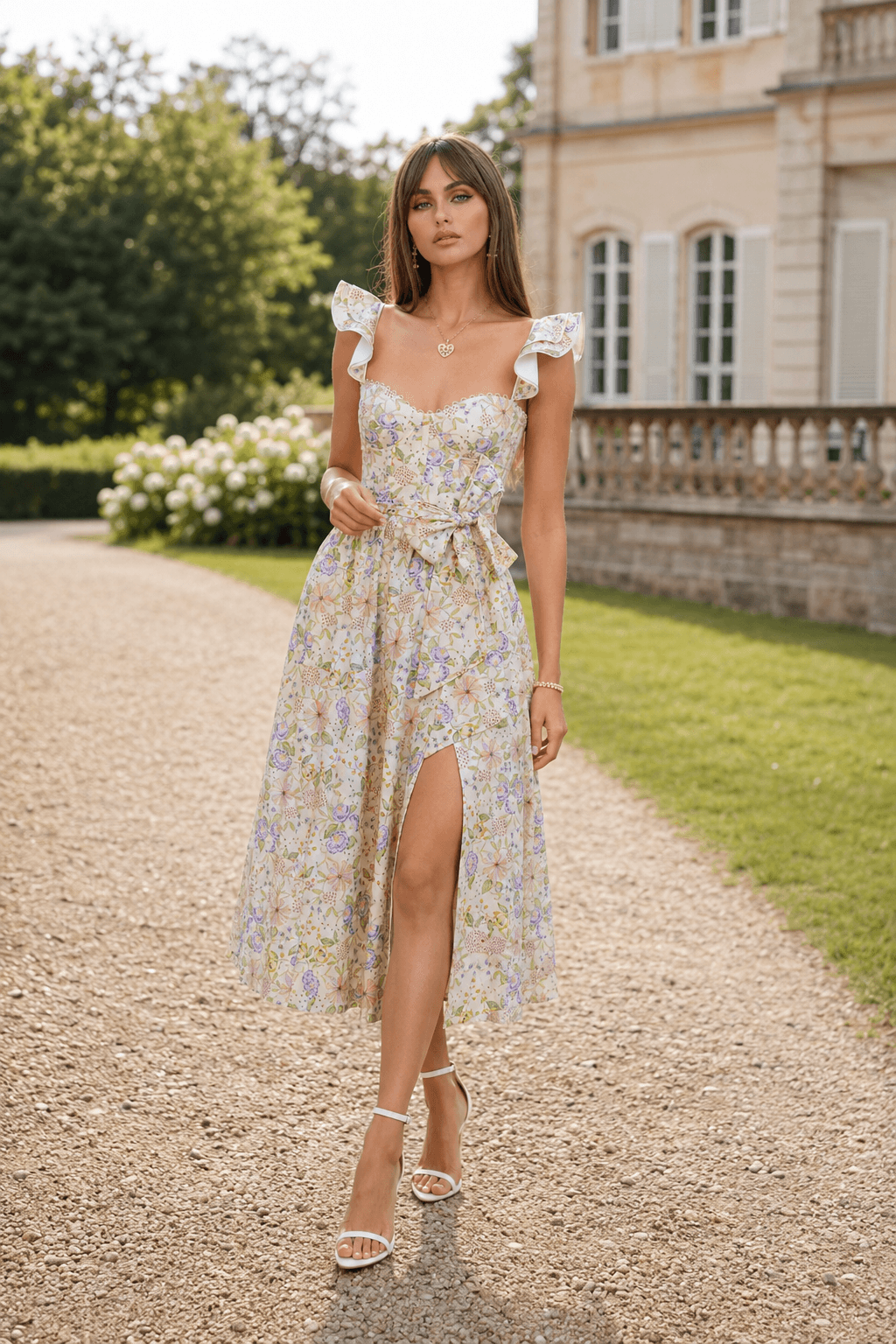 Spaghetti Strap Tie Waist Print Floral Dress Main image