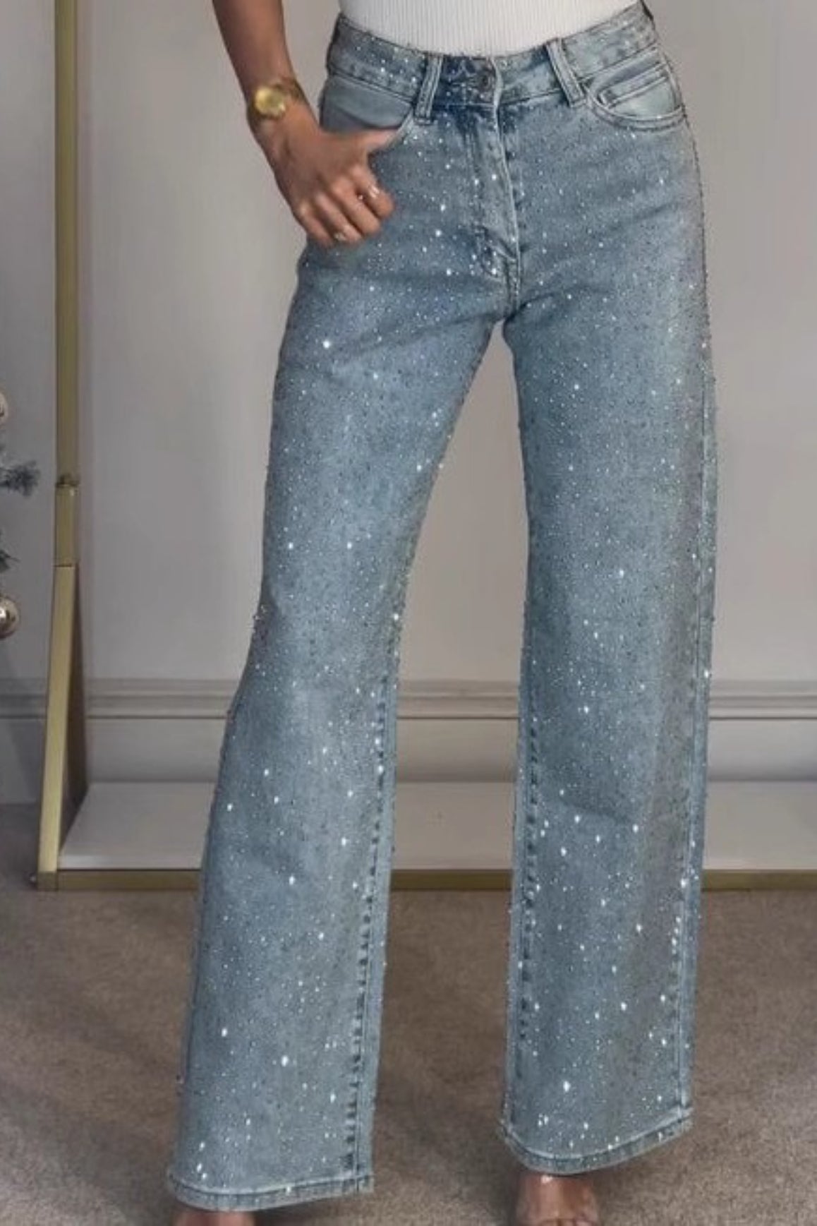 High Waist Crystal Embellished Washed Straight Jeans Main image