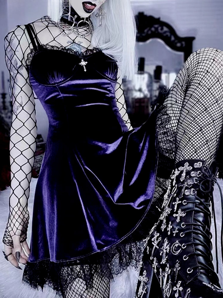 Velvet Gothic  Black Vintage Spaghetti Strap High Waist Aesthetic Elegant Party Dress Main image