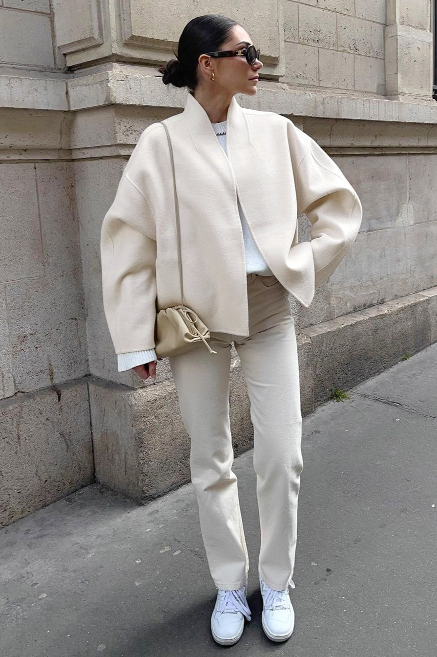Brushed Collarless Drop Shoulder Short Boxy Coat