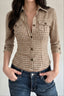 Plaid Three Quarter Sleeve Fitted Button Blouse