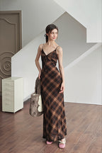 Plaid Spaghetti Strap Bodycon Maxi Dress