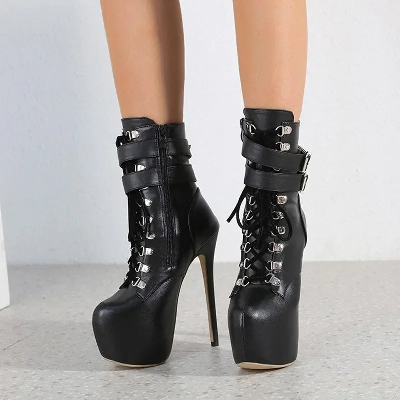 16cm Thin high heel modern metal buckles mid-calf round toes sexy High Heel