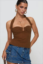 Backless Halter Tie Front Fitted Crop Top