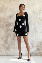 Floral Waist Slim  Long Sleeve Bodycon Mini Dress