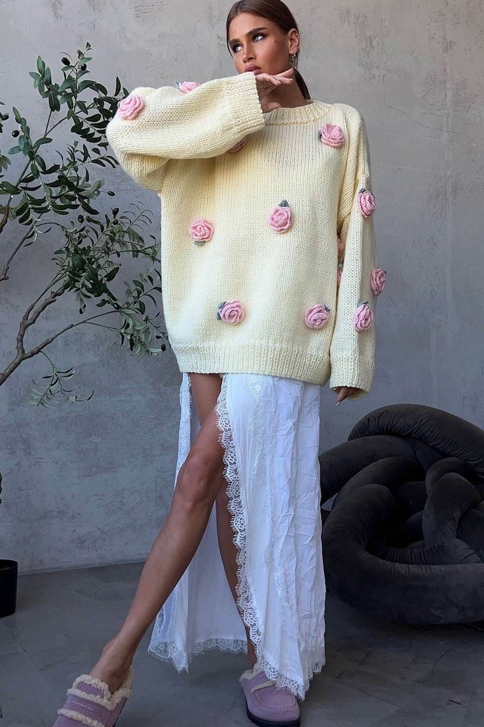 3D Floral Appliqué Knit Sweater Secondary image