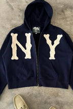 Embroidered Floral Print Zip Hoodie
