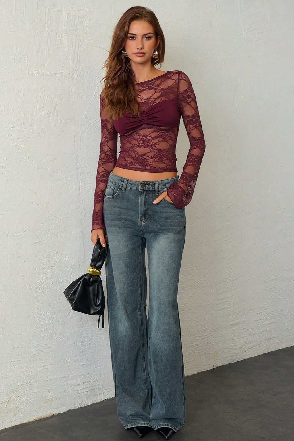 Ruched Bust Floral Lace Long Sleeved T-shirts