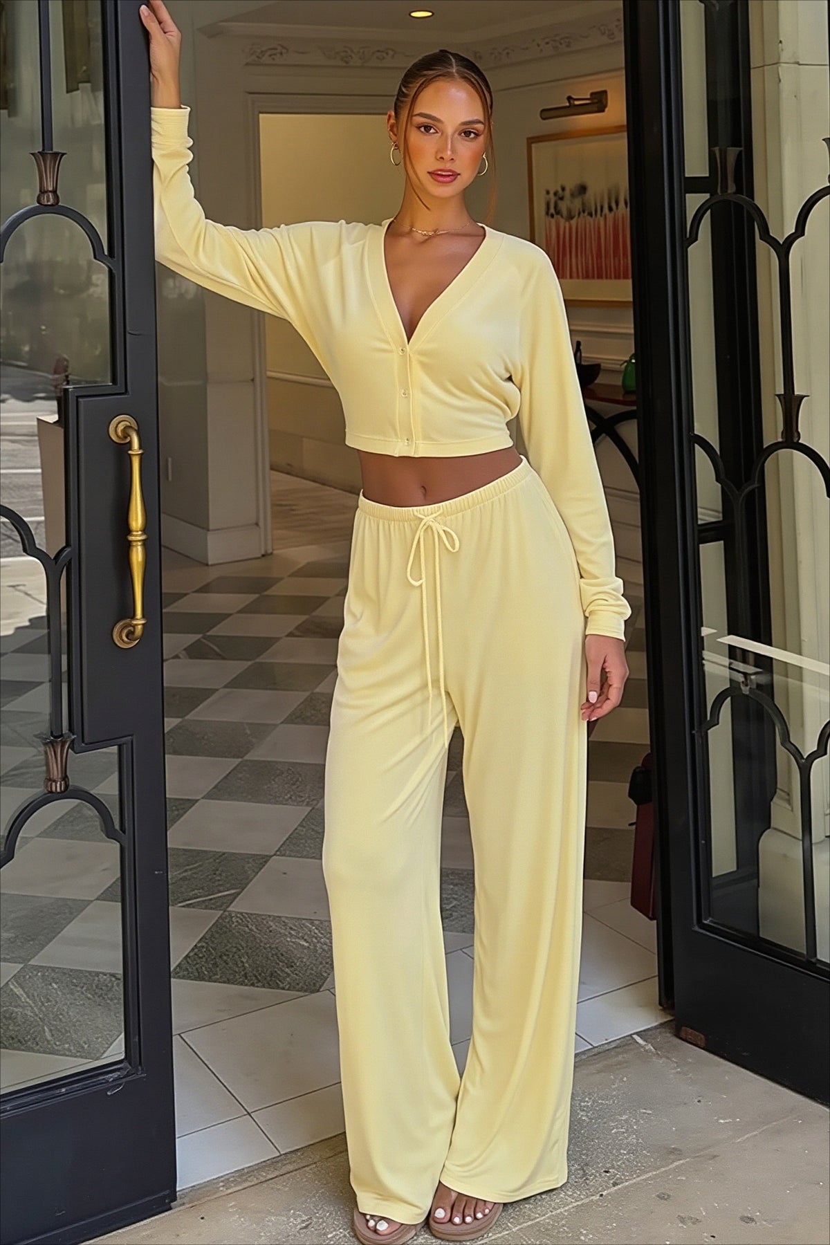 V-Neck Snap Button Tie Longline Two-Piece Set
